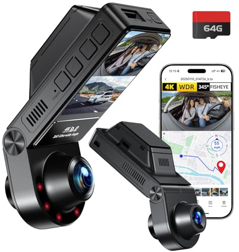 E-YEEGER Dash cam 360° Panorama, 4K+2.5K DashCam, 2 IPS Mini Car Camera GPS with WiFi, 64 GB SD Card, HDR, Night Vision, 24-Hour Parking Mode, Loop Recording