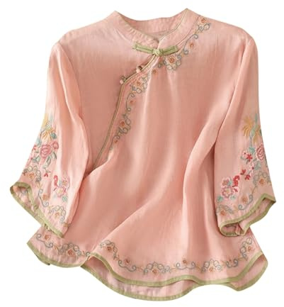Women Cotton Linen Shirts Elegant Vintage Ethnic Style Embroidered 3/4 Sleeve Blouse with Fold Button Petite Ladies Traditional Chinese Clothing Oriental Going Out Tops Streetwear