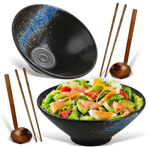 Mapille Cuencos Ramen Japoneses de Cerámica, Set 2 Bol Japonés 1000 ml Negros con Palillos y Cucharas, para Sopa Pho Udon Fideos Ensalada, Apto Lavavajillas Microondas y Horno