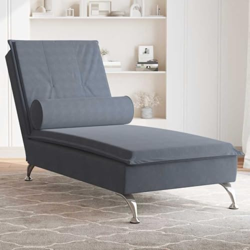 Kaloriko Chaise longue de massage avec traversin de nuque, housse en velours gris foncé, 136,5 x 56 x 75 cm, pieds en métal chromé, fonction de massage USB, pour salon et coin lecture, chaise longue