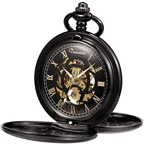 TREEWETO Orologio da tasca unisex, con catena, analogico, a carica manuale, con doppia cerniera, cifre stile antico romano, con incisioni, nero