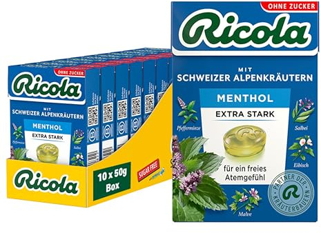 Ricola Extra EXTRA STARK, 10 Böxli Original Schweizer Kräuter-Bonbons mit 13 Schweizer Alpenkräutern & Menthol, zuckerfrei, 10 x 50g, vegan