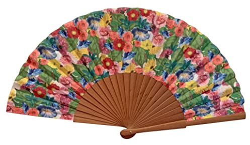 Spanischer Handfächer Frida – Holz und Baumwolle – 23 cm – Etui und Hülle aus Jute – Modeaccessoire – Handgefertigt in Spanien – Events und Geschenke – Blumenkollektion – Tusitala Barcelona