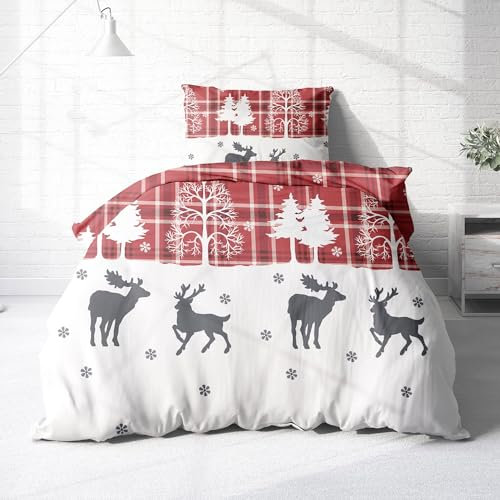 Träumschön Biber Bettwäsche Set 2tlg 135x200 cm + 80x80 cm – Flauschige Winterbettwäsche Rot – Weiche Winterbettwäsche mit Rentieren - Atmungsaktiv, Warm & Hautfreundlich - 100% Baumwolle