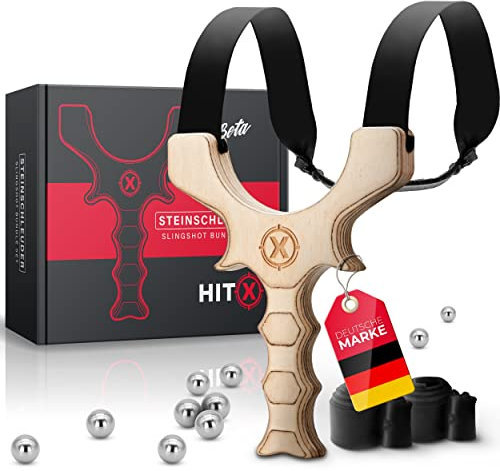HITX® Zwille Steinschleuder Bundle Set | Ergonomischer Holzgriff | Slingshot Schleuder mit Gummiband Extra Stark | Top Slots Anbindung | Bundle Set mit Ersatzgummi + 100 Stahlkugeln