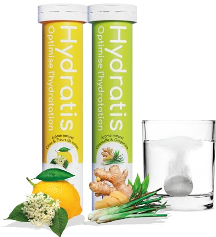 HYDRATIS - Pastilles Effervescentes Citron/Fleur de Sureau+Citronnelle/Gingembre - Optimise l'Hydratation - Riche en Minéraux - Faible en Sucre - Sport, Crampes, Récupération - 40 Pastilles
