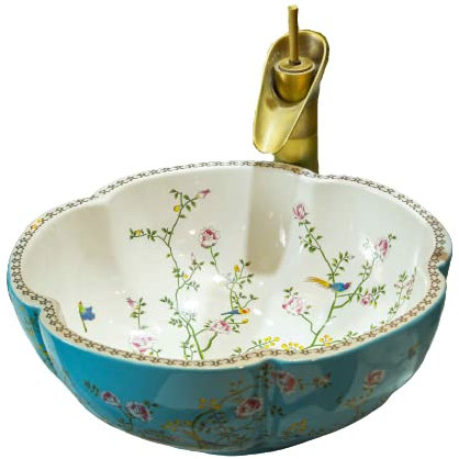 Aufsatzwaschbecken aus Keramik in Blumenform, blaue Farbe, Waschbecken mit Blumen- und Vogelmuster