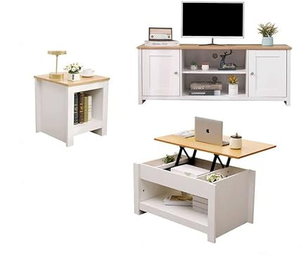 Homemade Deisgn FurnitureHMD Living Room 3 Piece Set TV Cabinet 2 Doors TV Stand Lift-up Top Coffee Table with Hidden Compartment Lamp Table Small Side Table (Set A)