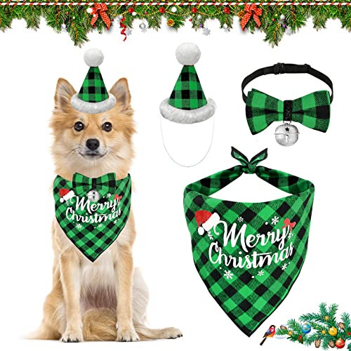 EKKONG Hundehalstuch Weihnachten, Halstuch Hund Weihnachten Hundehalsband mit Glocke Weihnachtsmütze Hunde Weihnachtskostüm für Kleine Mittelgroße Haustiere (Grünes Plaid)