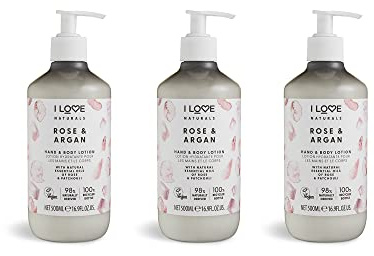 I LOVE Naturals Rose & Argan Hand & Body Lotion – Enriched with Shea Butter, Rose & Patchouli Oils – Silky Smooth Hydration – Nourishing, Soothing & Vegan-Friendly Skincare for Soft Skin 3 x 500ml
