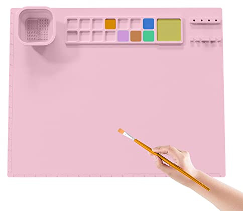 Hapihom Silikon-Bastelmatte, 50,8 x 40,6 cm, Kinder-Silikon-Kunstmatte mit faltbarem Becher- und Pinselhalter, Farbteiler, hitzebeständig, Bastelmatte, Malmatte zum Malen, Kunst, Ton, Rosa