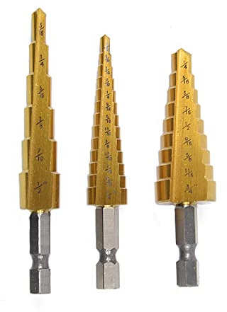 3-teiliges Stufenbohrer-Set, Hochgeschwindigkeitsstahl, 1/4 Zoll-3/4 Zoll, 1/8 Zoll-1/2 Zoll, 3/16 Zoll-1/2 Zoll Kegelbohrer, Lochschneider mit 1/2 Zoll 10.2 cm Sechskantschaft für Holz, Aluminium