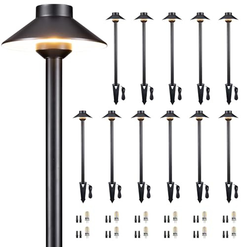 Gardenreet Solid Cast Brass Pathway Light - 12v Landscape Path Lights Outdoor Waterproof, Electric Walkway Lamp Wired, Hat Shape Black Garden Decorations with 3W 2700K Warm White G4 Bulb (12 Pack)