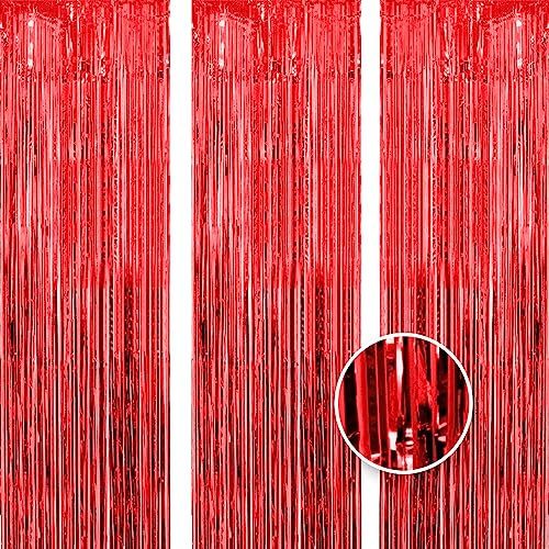 OWill 3pcs 3ft X 8.3ft Red Metallic Tinsel Curtains Aluminum Foil Flow Silk Curtain Background Streamer Birthday Party Wedding Holiday Backdrop Decoration