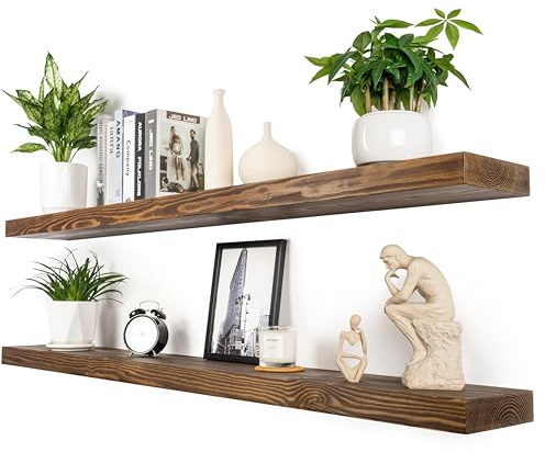 XWNE Estantes flotantes de 60 pulgadas, estantes flotantes largos de madera maciza de 8 pulgadas de profundidad para pared, juego de 2, estantes de pared de nogal rústico para dormitorio, cocina y