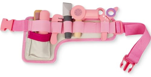 WoodenEdu Wooden Hair Salon Toys for Girls, Pretend Play Beauty Salon Set with Realistic Accessories, Blow Dryer, Straightener, Tool Belt and Styling Accessories