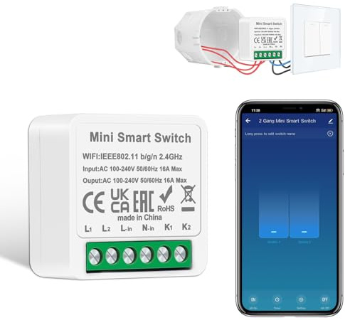 1 PCS CNBINGO Smart Lichtschalter Modul 2 Fach 1 Weg,Mini DIY WLAN Schalter | Kompatibel mit Alexa,Google Home,Smart Life,Tuya,Funkfernbedienung,Einbau hinter Wandschalter,Neutralleiter Erforderlich
