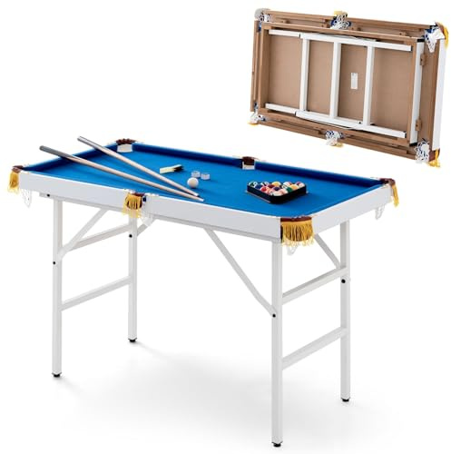 SPOTRAVEL 4FT/4.5FT Billiards Table, Folding/Non-folding Snooker Table with 2 Cue Sticks, 2 Chalks, 16 Balls, Triangle & Brush, Portable Pool Game Table Set (Blue+White, Metal Legs, 122 x 64 x 78cm)