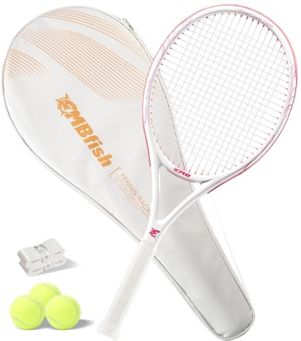 Tennisschläger – Super Value Set mit langlebigen Saiten, bequemem Griff, 68,6 cm Profi-Tennisschläger für Erwachsene, inklusive 3 Tennisbälle, 2 Overgrips und Tennistasche, Pink 1P