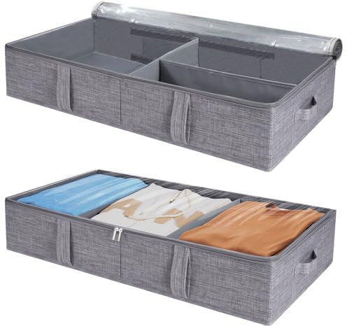 2 Pack 50L Under Bed Storage Box with Lid, Foldable Linen Storage Box with Sturdy Sidewalls/Bottom and Adjustable Dividers PVC Clear Lid 4 Handles for Clothes, Blanket, Bedding, Toys, Shoes