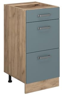 Vicco Küchenunterschrank R-Line, Blau-Grau, 40 cm | 3 Schubladen · Ohne Arbeitsplatte · Höhenverstellbare Füße · ✓ Leichter Zugriff · ✓ Frei kombinierbar