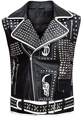 LP-FACON Chaleco de motociclista de cuero con tachuelas negras para hombre, Negro, XXXXL