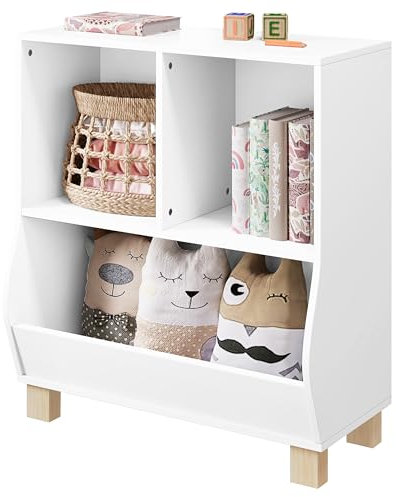 Lestarain Bücherregal Kinder, Regal weiß mit 3 Fächern, Montessori Kinderregal, Spielzeugregal mit Holzbeinen, Standregal für Bücher Spielzeug Kinderzimmer, 71,5x77x34,5 cm