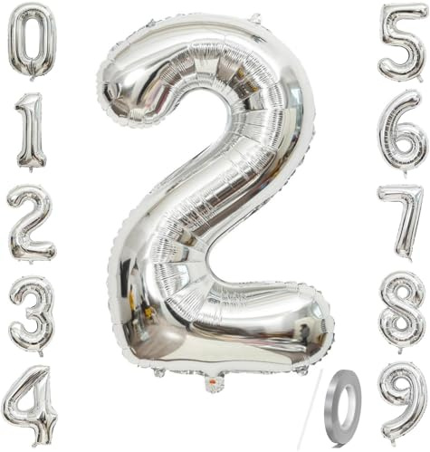 Number 2 Balloons Sliver 40 inch, Jumbo Digital Foil Mylar Balloon for Birthday Party Wedding Anniversary Celebration Decoration