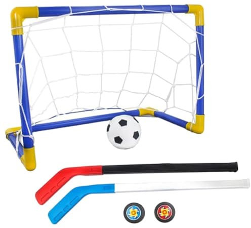 2 in 1 Mini Hockey Fußball Set mit Mini Tornetz Hockeyschläger Hockey Fußball Hockey und Ballpumpe Mini Fußballtor Set als Geschenk für Kinder Indoor und Outdoor Fußballspiele im Garten Fußballto