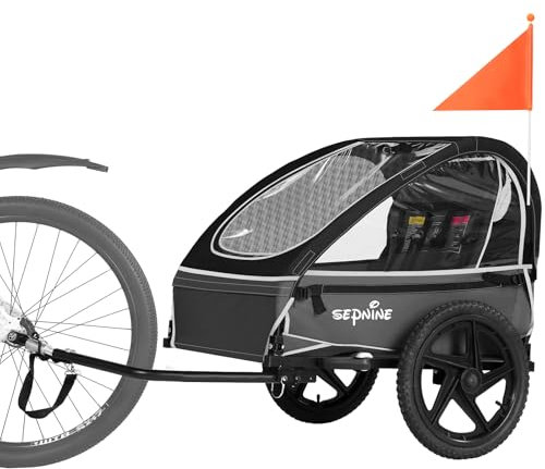 Sepnine Kids Bike Trailer, Suitable for 1 to 2 Kids, 12+ Months, Quick Attach to Bike, Foldable, with 5-Point Harness and Storage Bags Black