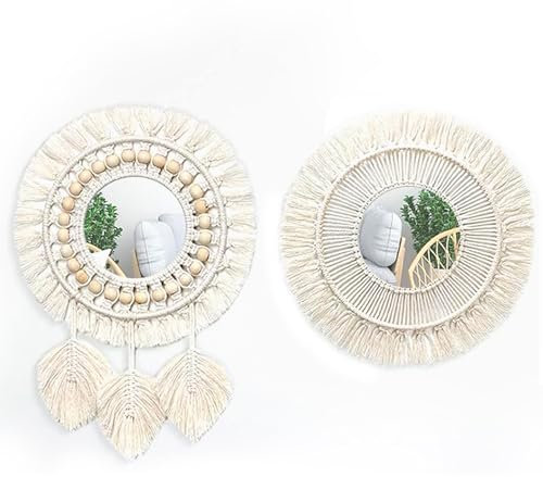 Dokeno 2 specchi da parete con cornice in tessuto frange, macramè, decorazione, specchio rotondo per appartamento, camera da letto, soggiorno, casa