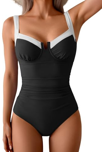 B2prity Einteiliger Damen-Badeanzug mit Bügel, Bauchkontrolle, Push-Up-Badeanzug, Farbblock-Bademode, schwarz, weiß, Large