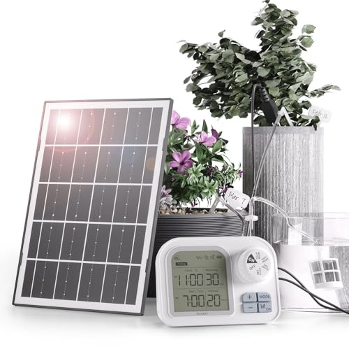 Raddy WS-7 Sistema de riego automático solar, para 15 plantas en maceta, Detección inteligente de humedad del suelo, 2600 mAh batería, resistente al agua IPX7 para balcones interiores y exteriores