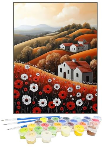Malen Nach Zahlen Erwachsene Blume, Paint by Numbers Dorf DIY mit Pinseln und Acrylfarben Handgemalt öLgemäLde Leinwand für Kreative Heimdekoration Geschenke für Frauen, Ohne Rahmen 50 x 70 cm IR-F