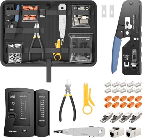 FGB Kit d'outils de sertissage réseau avec 10 fiches RJ45 CAT7 Pass Through, 4 fiches RJ45, 2 coupleurs RJ45, outil de raccordement LSA, pince à dénuder, testeur de réseau pour entretien domestique