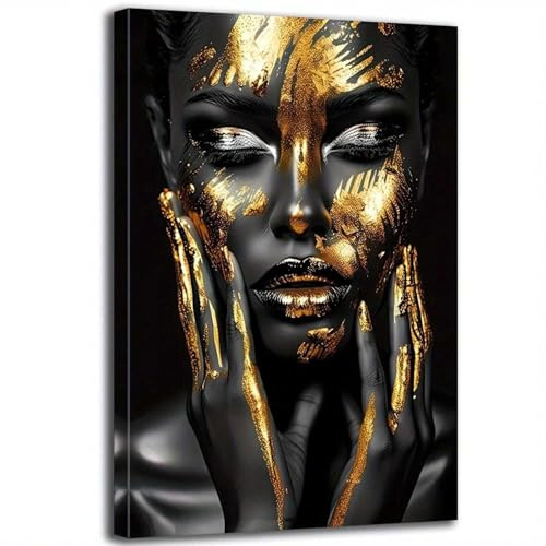 PEWFBS Schwarzgoldene afroamerikanische Frau auf Leinwand, Wandkunst, Frauendrucke, Poster, Bild, Kunstwerk für Wohnzimmerdekoration, 40 x 60 cm, ohne Rahmen