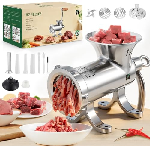 Huanyu Manual Meat Grinder Stainless Steel Meat Mincer with Sausage Stuffer and Cookie Attachment Dishwasher Safe Hand Meat Grinder for Beef Pork and Vegetables Meat Grinders (No.12)
