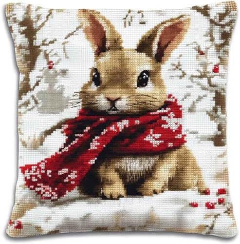 ANSIWEIGO Animal 11CT Kit Coussin Au Point De Croix,Lapin Portant Une Écharpe Rouge,Coussin À Broder Fait Main,Kit De Broderie Pour Adultes,Point De Croix Complet Coussin,18x18 pouces