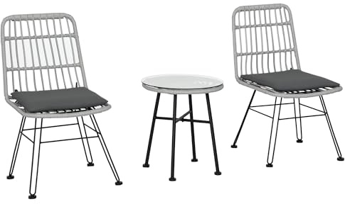 Outsunny Set di Tavolo e Sedie da Giardino da 3 Pezzi in Rattan PE e Acciaio, Set Bistrò da Giardino con Tavolino da Caffè con Piano in Vetro e 2 Sedie, per Balcone Patio Cortile Esterno, Grigio