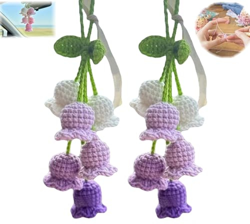 2Pcs Car Decorations Car Hanging Ornaments, Crochet Flowers Bag Charms Decor Cars Rear View Mirror Accessories Hand Knitted Crochet Flower Decor, for Room Backpack keychain Decoration Pendant (Purple)