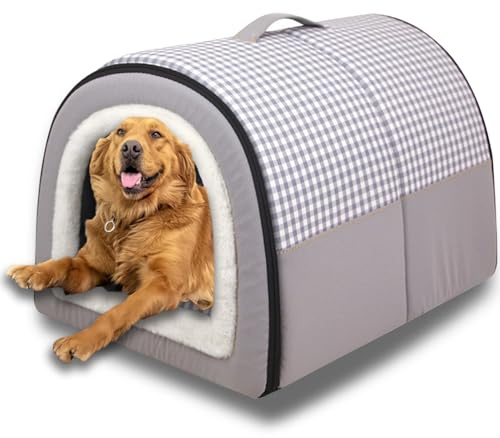 2-in-1-Hundehütte, große Haustierhöhle, beruhigende Hundehütte, Anti-Angstzustände, weiches, warmes Kissen, abnehmbar, waschbar, Katzen-Iglu-Bett, rutschfest (Hellgrau, L - 60 x 43 x 40 cm)