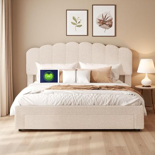 Polsterbett, 140 x 200 cm, Doppelbett mit Schublade und USB-Anschluss, Bett mit Lattenrost und höhenverstellbarem Kopfteil, Teddy Samt, Beige (Beige, 140 x 200 cm)