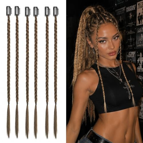 DIPZO Extensiones de Cabello Trenzado Clip-in 45 cm, Trenzas Sintéticas con Clips. Estilo para Uso Diario o Fiesta, Color Marrón Claro.