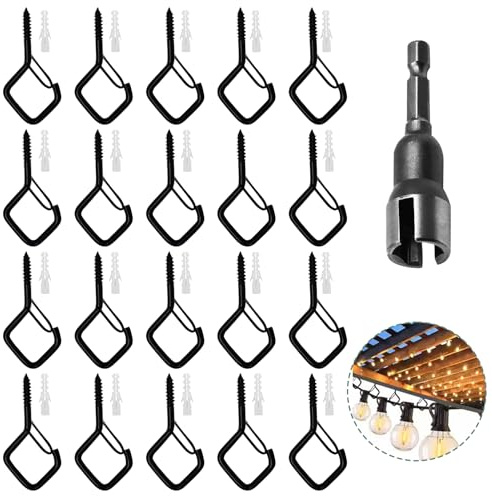 MustuVerve 20Pcs Screw Hooks, Screw in Hooks with Safety Buckle Hanging Basket Bracket Metal Ceiling for Outdoor String Light Plants Christmas Decor Fairy Lights Bird Feeder (Black)
