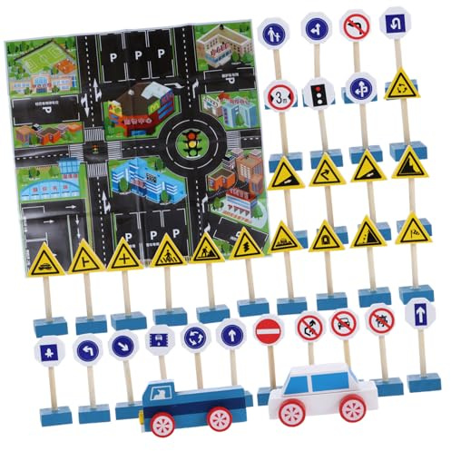 ibasenice Jeu de Panneaux de Signalisation Routière Bois avec Voitures et Carte Éducative de Simulation de Circulation pour Garçon Fille Apprentissage Sécurité Garçon Fille Dès Ans