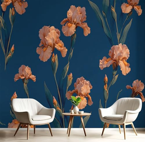 DLERFLOVR 3D Papier Peint Fleurs Et Feuilles D'Iris, 150x105cm Papier Peint Panoramique Style Rétro Chic Papiers Mural pour Salon Chambre Chambre D'Enfant Décoration Murale, Bleu Marine