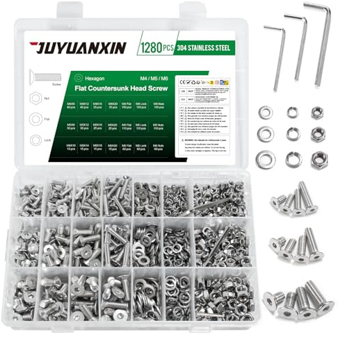 1280 piezas Juego de tornillos M4 M5 M6, juego de tornillos de cabeza avellanada con juego de tornillos hexagonales internos, juego de tornillos de acero inoxidable, juego de tornillos de cabeza plana