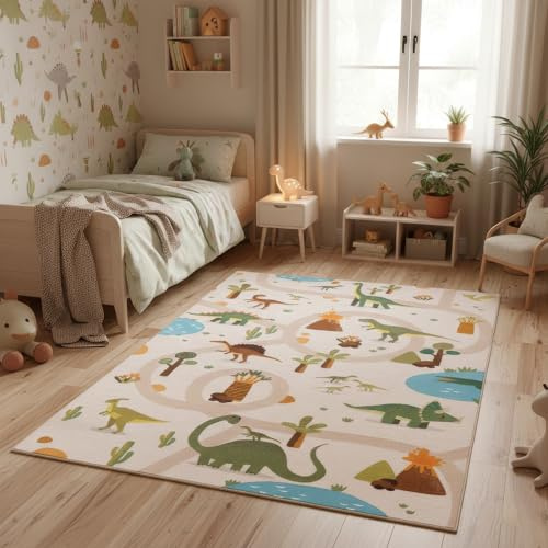 Carpettex Kinderteppich Dinosaurier Spielteppich für Kinderzimmer in Beige Dino Motiv mit Straßen Größe 160x230 cm perfekt für große Kinderzimmer