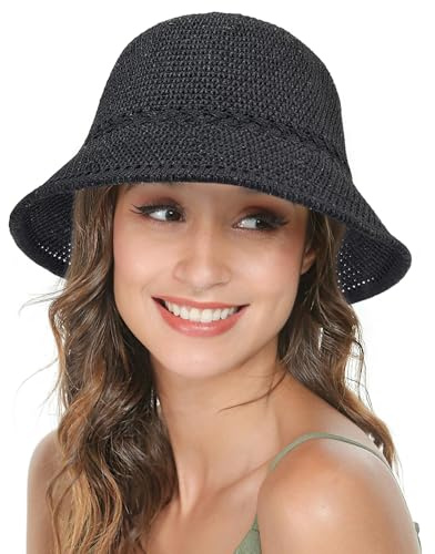 YEAMLTE Strohhut Damen Sommer Faltbarer Strandhut Freizeit Gewebter Sonnenhut Hawaii Stil Atmungsaktiv Leicht Sonnenhut für Strand Urlaub Reisen Outdoor (Schwarz)