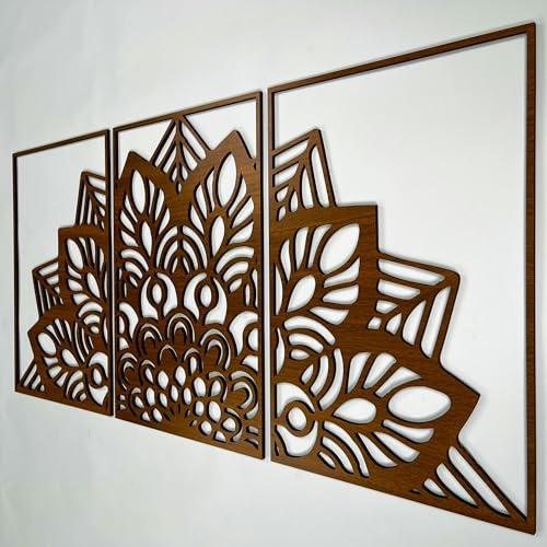 Sacred Lotus Mandala Holz Wandkunst Triptychon Moderne Zen Innen Holz Wanddekoration Boho Floral Geometrie Paneele Home Akzente Geschenk für Wohnzimmer und Schlafzimmer